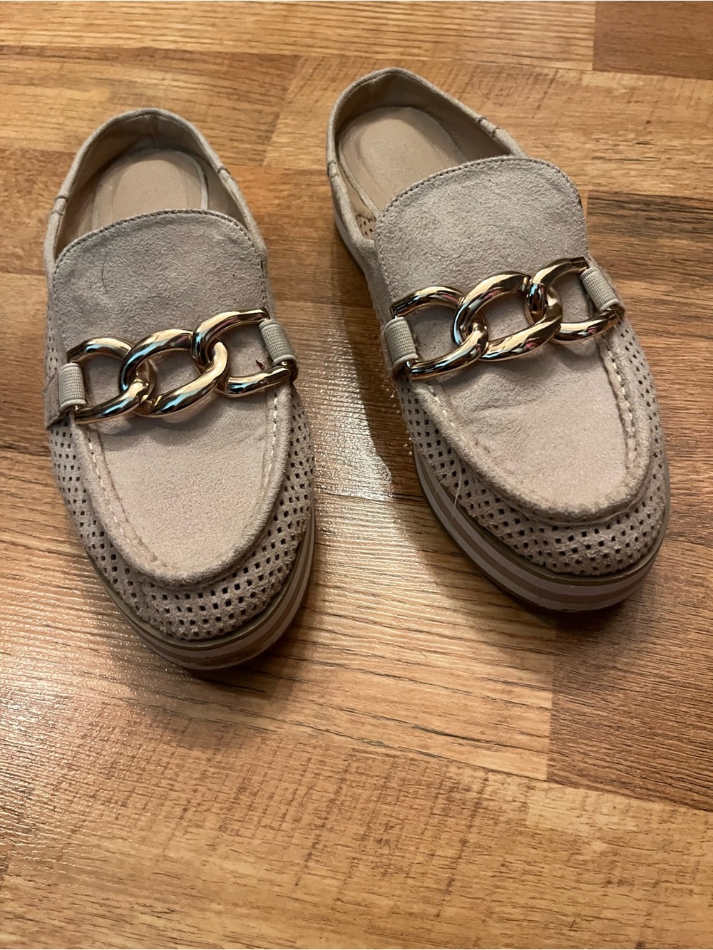 Suede Loafers with Gold Chain Accent - Taupe